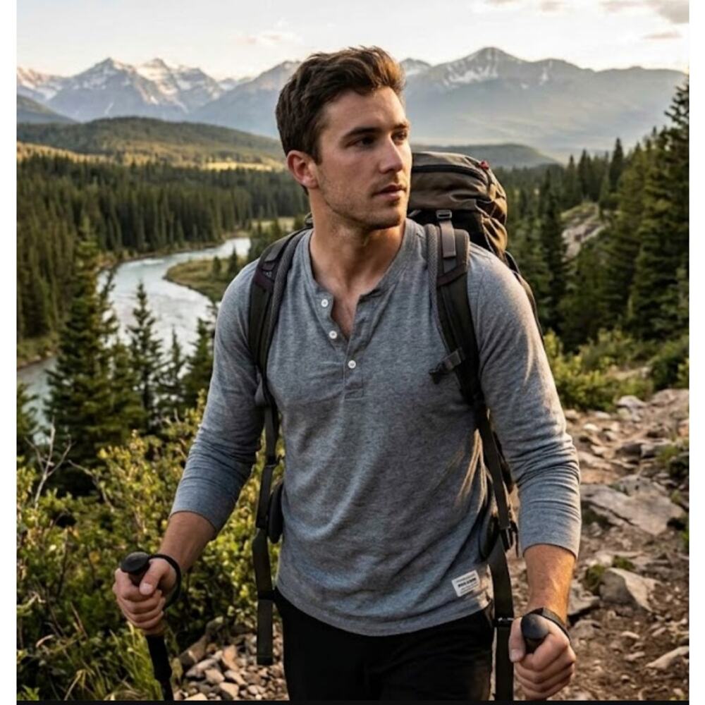 Patagonia Men's M Grey Henley Long Sleeve Shirt Gorpcore Hiking Camping